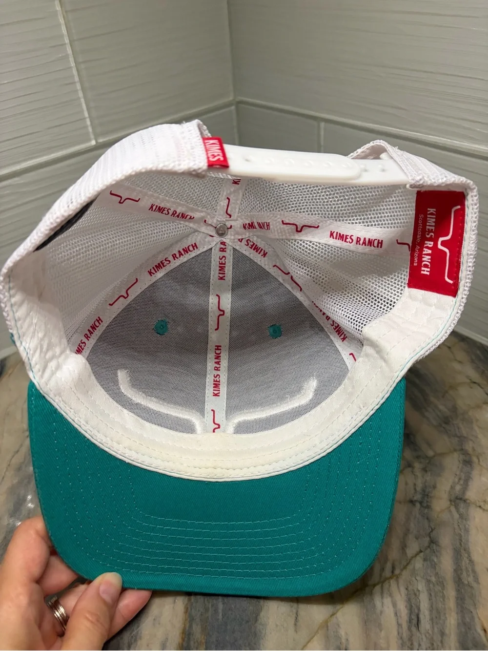 Kimes Ranch Adjustable Mesh Back Trucker Hat Teal White Western Men Longhorn